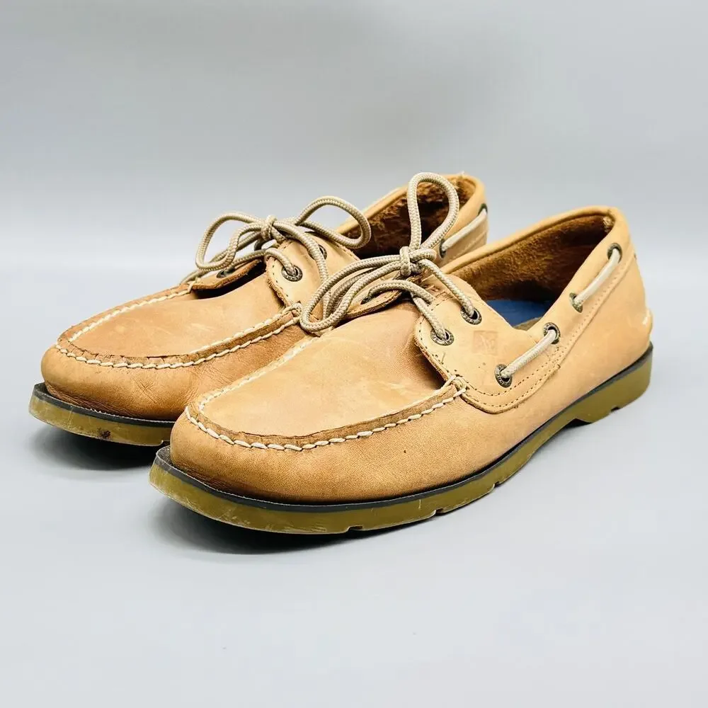 Sperry Shoes Mens 9 Beige Leather Top Sider Boat Deck Moc Toe Casual Non Slip